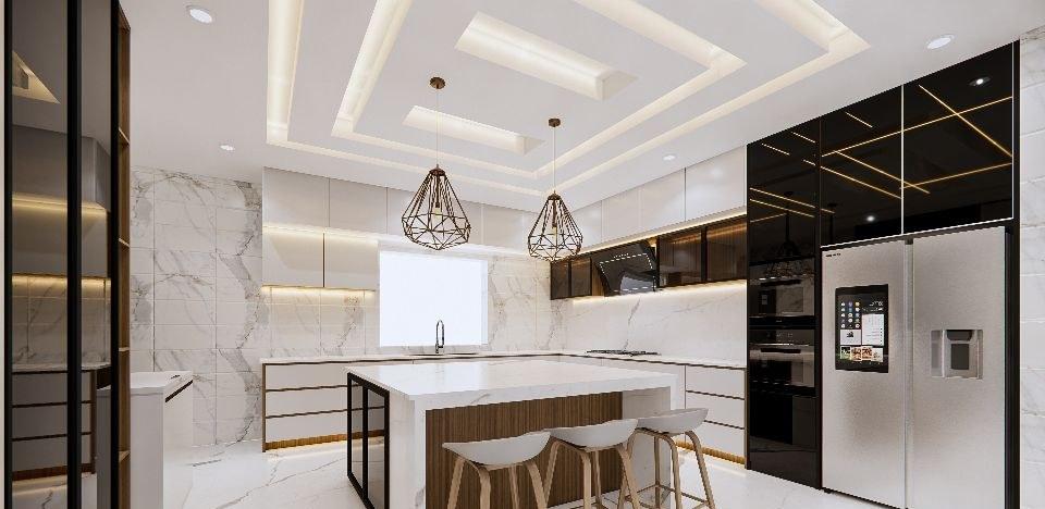 Kitchen design with a white island and timber base, tall black gloss units, built-in ovens and a stepped lit ceiling