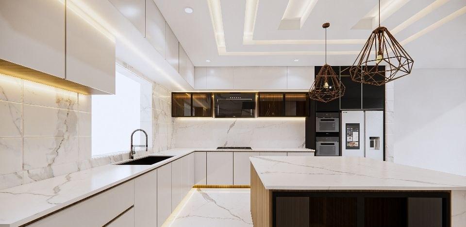 White kitchen design with marble-effect worktops and walls, tinted glass wall cabinets and copper cage pendants over the island