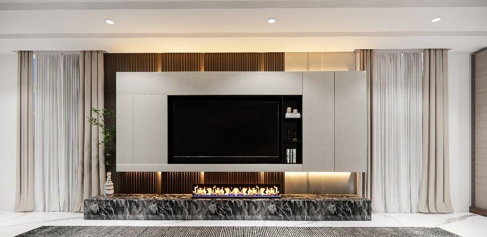 Living room media wall design with a floating grey cabinet, timber slats and a black marble fireplace plinth