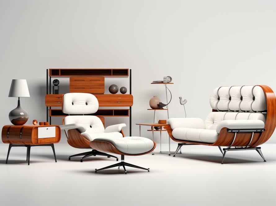 Mid-century inspired lounge chairs and timber storage pieces arranged in a bright studio